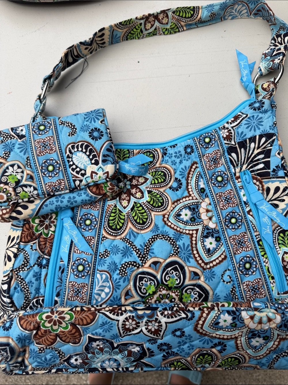Blue Floral Quilted Shoulder Bag and Matching Wallet